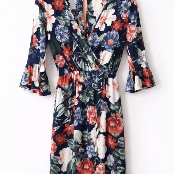 Floral Flounce Sleeve Boho Chic Maxi Faux Wrap Dress Cottagecore Coastal Small - Picture 4 of 11